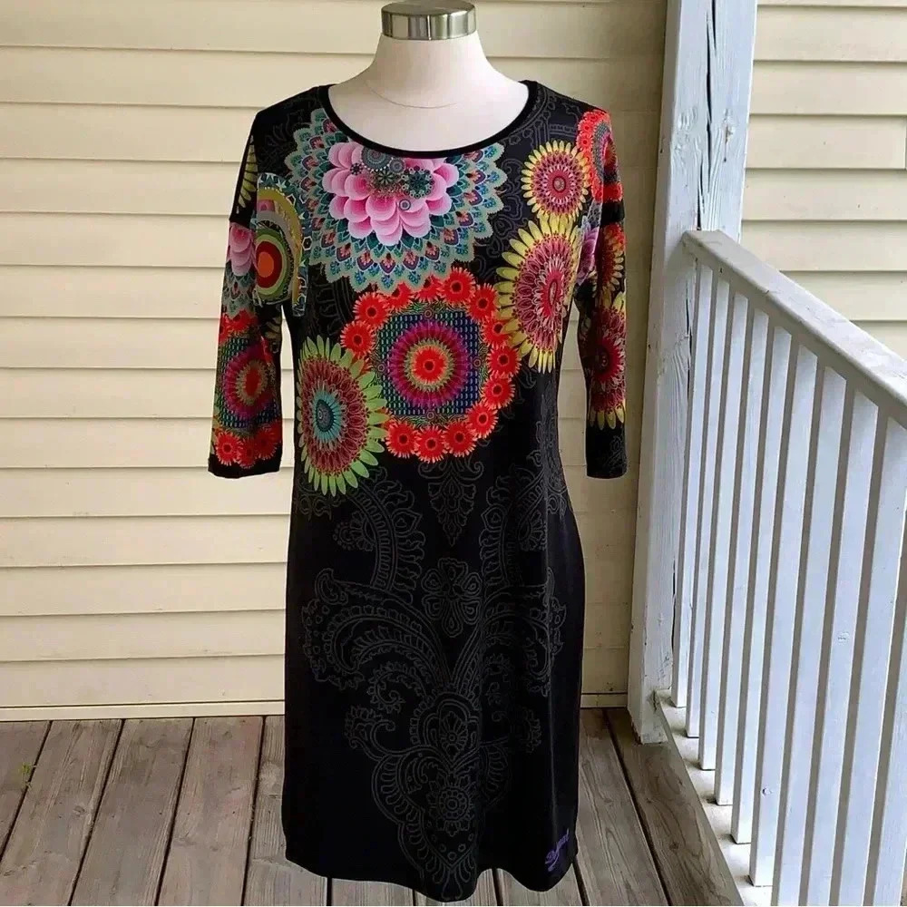 Desigual Longline Tunic Top S Black Rainbow Geometric Flowers Boho Lagenlook - Picture 3 of 11